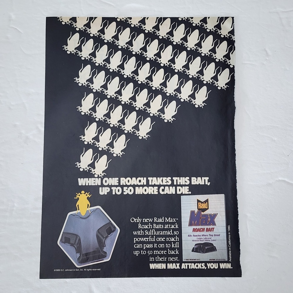 Vintage 1989 Raid Max Roach Bait Print Ad Bug Insect Magazine Clipping 8x10 Art